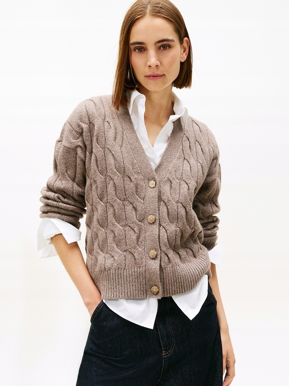 Tommy Hilfiger Brown Cable Knit V-Neck Cardigan